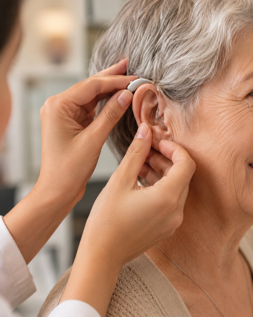 An audiologist fitting a hearing aid