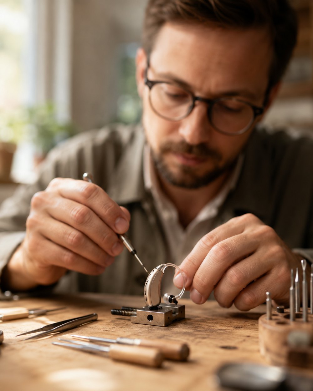 Hearing aid technician at work