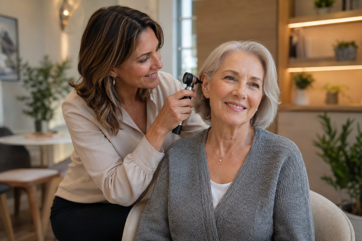Audiologist talking with an older patient during a consultation