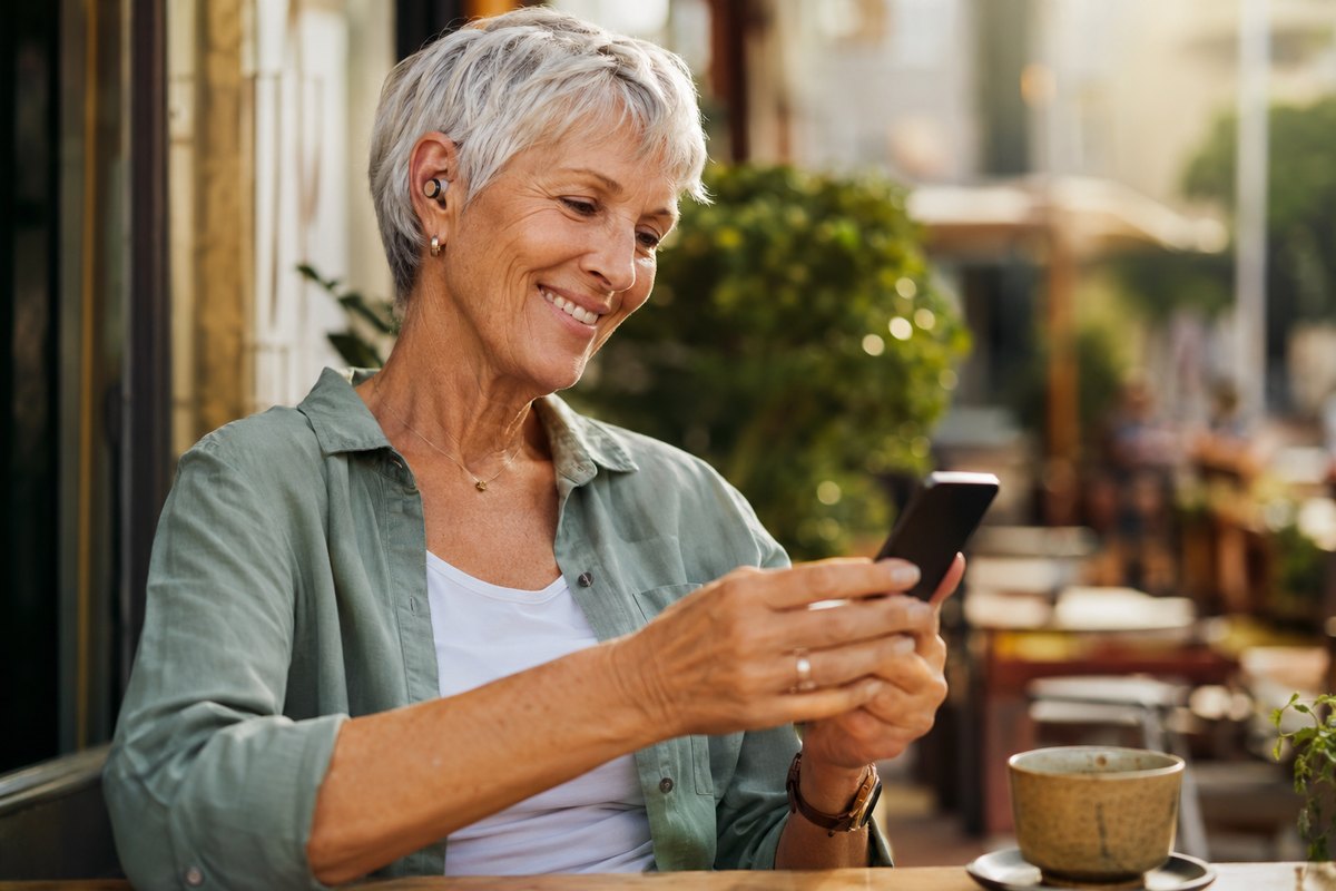 Woman using smart hearing technology