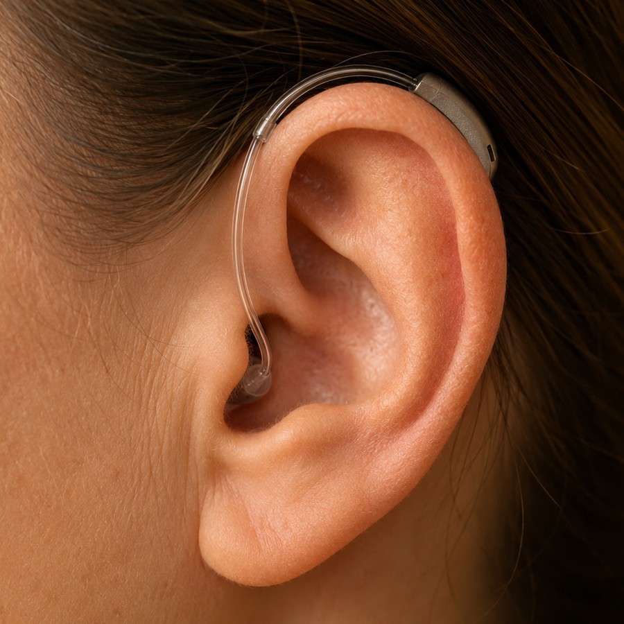 RIC hearing aid worn on ear